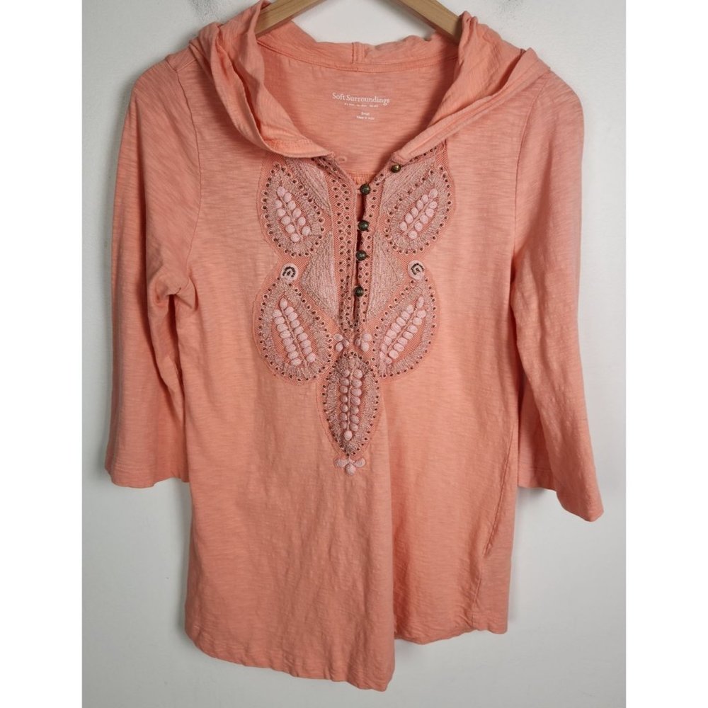 Soft Surroundings Women's Sz. S Peach Embroidered Hooded 3/4 Sleeve Top